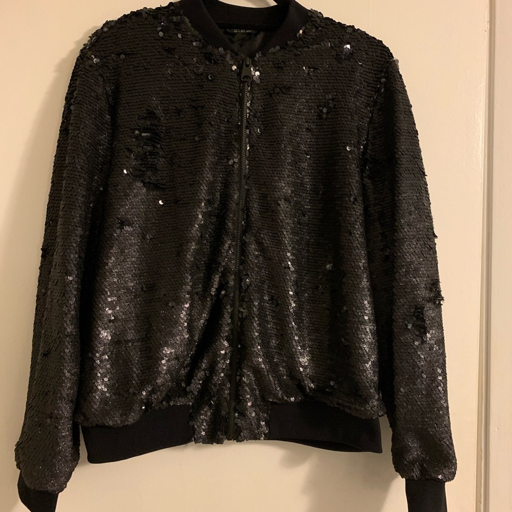 TOP SHOP Black sequinned biker jacket